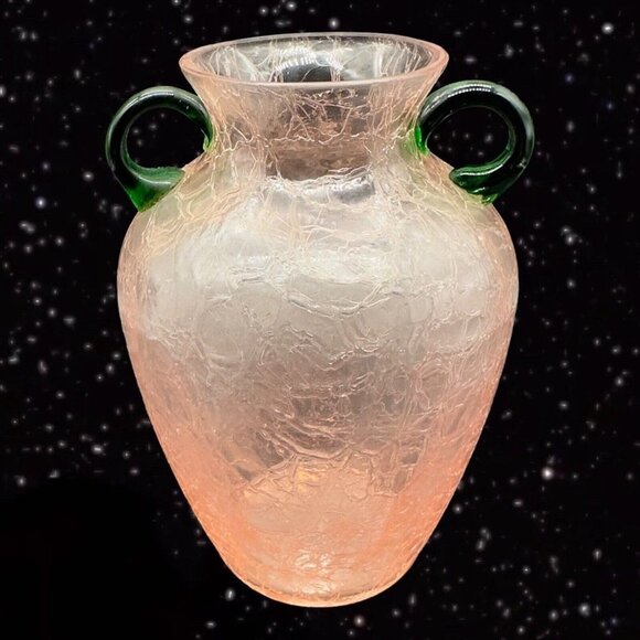 Pink Crackled Art Glass Vase with Applied Green Handles Textured Surface 8”T 3”W - Picture 7 of 13
